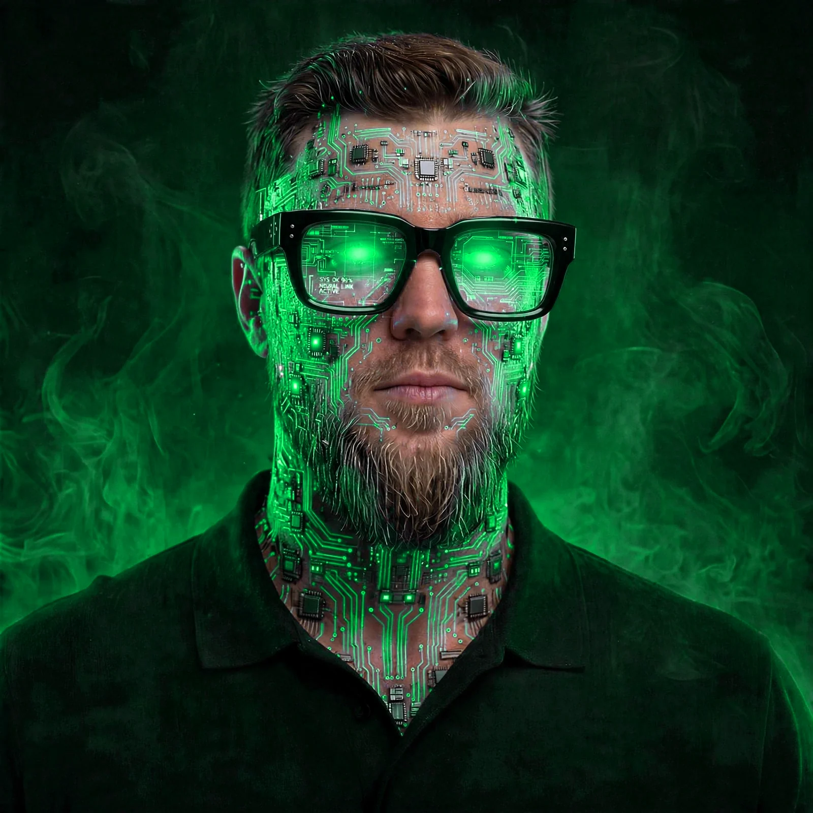 SirSote portrait, circuit lines in green